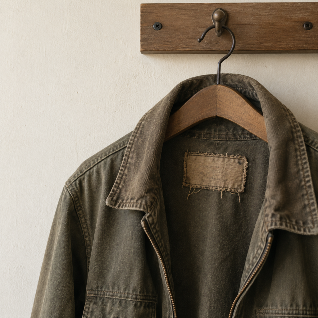 Worn olive jacket hanging on a wall hook with a frayed, faded label sewn inside the collar indicating That’s Just How I Am